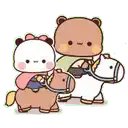 a group of three bears riding on the backs of two horses .