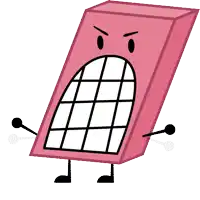 a cartoon drawing of a pink box with arms and legs and an angry face