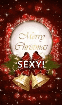 a merry christmas greeting card with bells and a bow on a red background .