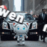 a man in a suit is walking down a street with a small robot in front of a cadillac