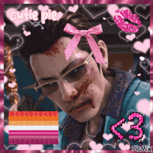 a picture of a man with glasses and a pink bow on his head with the words cutie pie above him