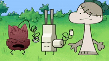a group of cartoon characters are standing in a grassy field .