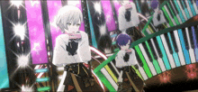 a group of anime characters are standing in front of a piano keyboard on a stage .
