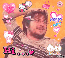 a man is surrounded by hello kitty and hearts with the words happy day on the bottom