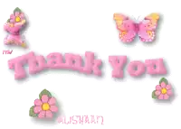a pink thank you sign with butterflies and flowers