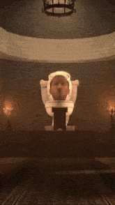 a statue of a man 's head in a toilet with a halo around his head