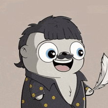 a cartoon otter with a mustache is holding a feather and smiling .