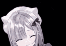 a close up of a girl wearing a white hat with cat ears