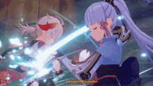 a couple of anime girls are fighting each other with swords in a video game .