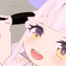 a close up of a anime girl with white hair and yellow eyes