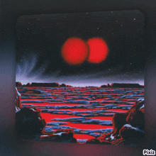 a painting of a planet with two red stars in the background