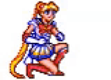 a pixel art of a woman in a superhero costume holding a gun .