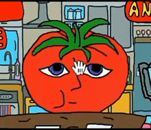a cartoon tomato is sitting at a table with a sign that says an on it