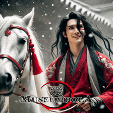 a man in a red kimono is riding a white horse with museumbola written on the bottom