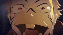 a close up of a cartoon character 's face with his mouth open and red eyes .