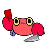 a cartoon crab holding a knife and a red card
