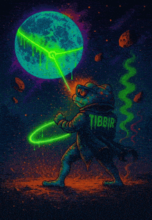 a frog in a cape with the word tibbir on his back