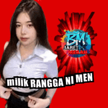 a woman is standing in front of a red background that says bm baret