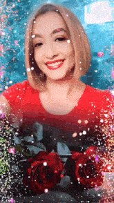 a woman in a red shirt is surrounded by red roses and snow