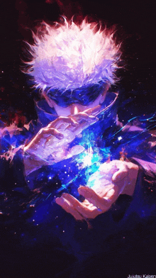 a painting of a man with white hair holding a blue light in his hands