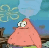 a pixel art of patrick from spongebob squarepants with a spongebob logo in the background