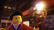 a lego character is holding a light bulb