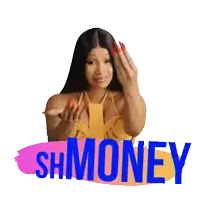 a sticker of a woman with long red nails and the word shmoney behind her