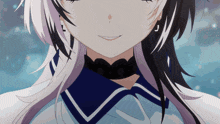 a close up of a girl with white hair