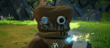 a cartoon character with big eyes is standing in a grassy area