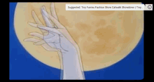 a hand is reaching out in front of a full moon with a suggested tiny furries fashion show catwalk showdown