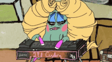 a cartoon character is playing a keyboard that says lil cruller on it