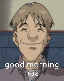a cartoon man is smiling with the words good morning hoa above him