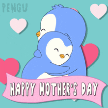 a happy mother 's day greeting card with two penguins hugging each other