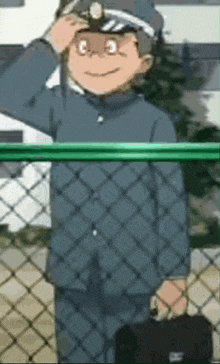 a cartoon character salutes while holding a black briefcase
