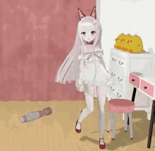 a girl in a white dress is standing in a room with a stool and a dresser .