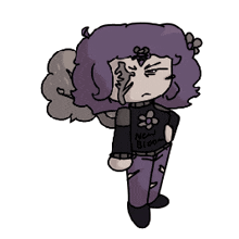 a drawing of a person with purple hair and a black shirt that says new bloom
