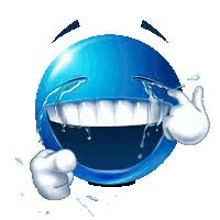 a blue smiley face with tears coming out of its eyes is laughing .