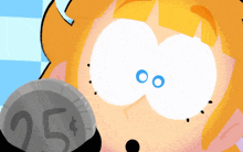 a cartoon character is looking at a coin that has the number 25 on it