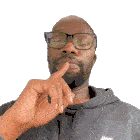 a man wearing glasses and a nike hoodie is thinking