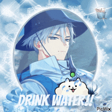 a picture of a boy wearing a hat with the words drink water below him