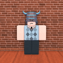 a cartoon character with horns and a mustache standing in front of a brick wall