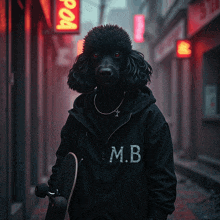 a black poodle is wearing a black jacket with the letter m.b. on it