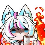 a cartoon girl is holding a cup of coffee and a fire is behind her .