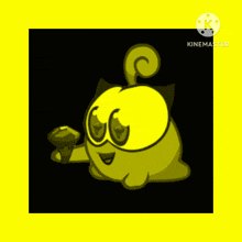a yellow cartoon character with a black cat 's head is holding a microphone .
