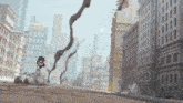 a cartoon character is running through a destroyed city with smoke coming out of the ground
