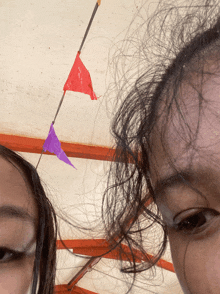 a close up of a woman 's face with a red and purple flag behind her
