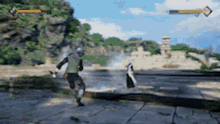 a video game is being played on a computer with a person running in the background