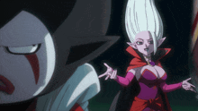 a cartoon character with white hair and purple gloves is standing next to another character