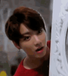 a young man in a red shirt is standing next to a white mirror .
