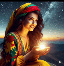 a woman in a colorful outfit is holding a light in her hands
